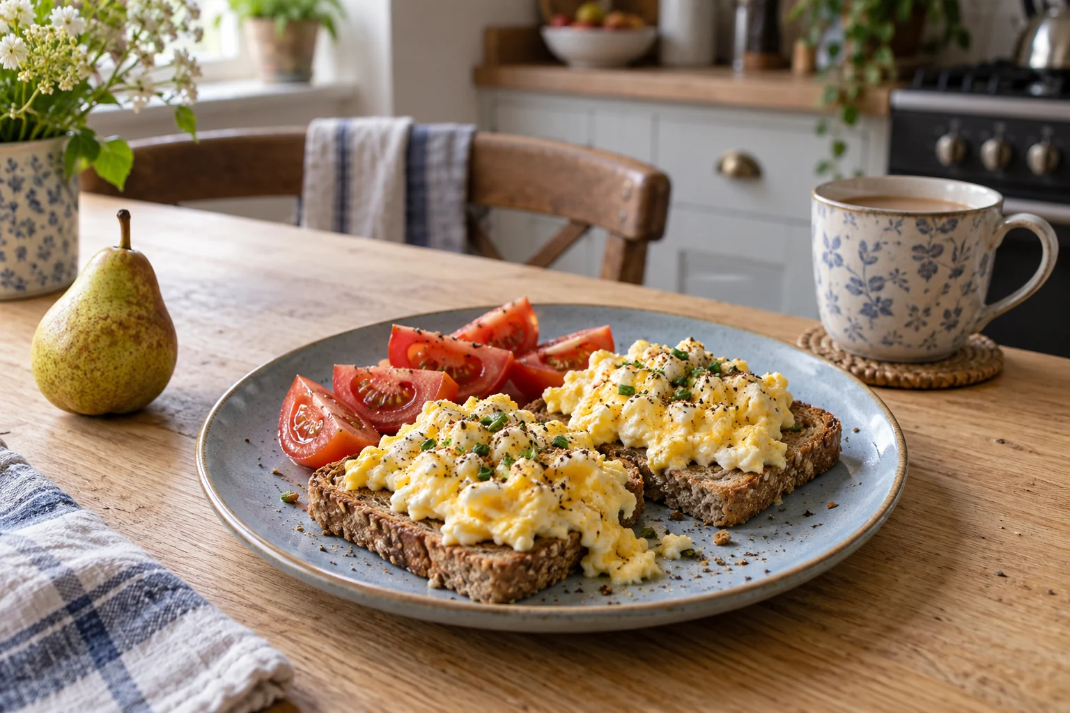 Scrambled eggs on wholemeal toast with sliced tomatoes and a pear on a kitchen breakfast table