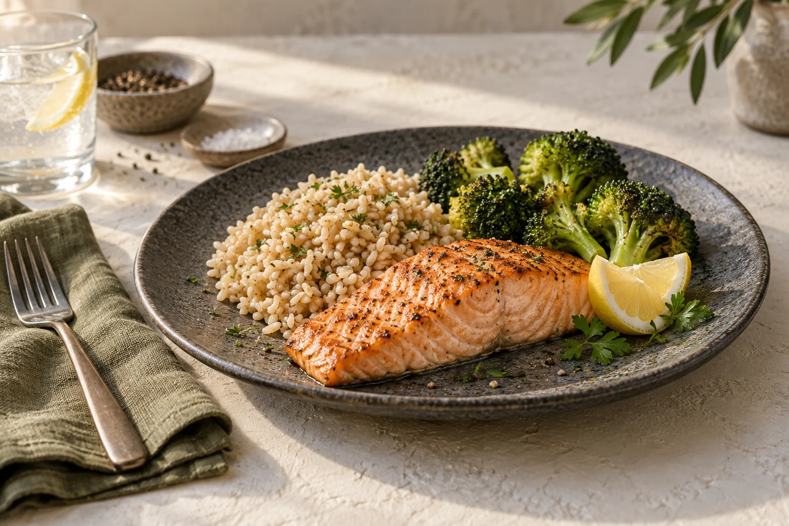 Baked salmon, brown rice and broccoli on a stoneware dinner plate with a lemon wedge