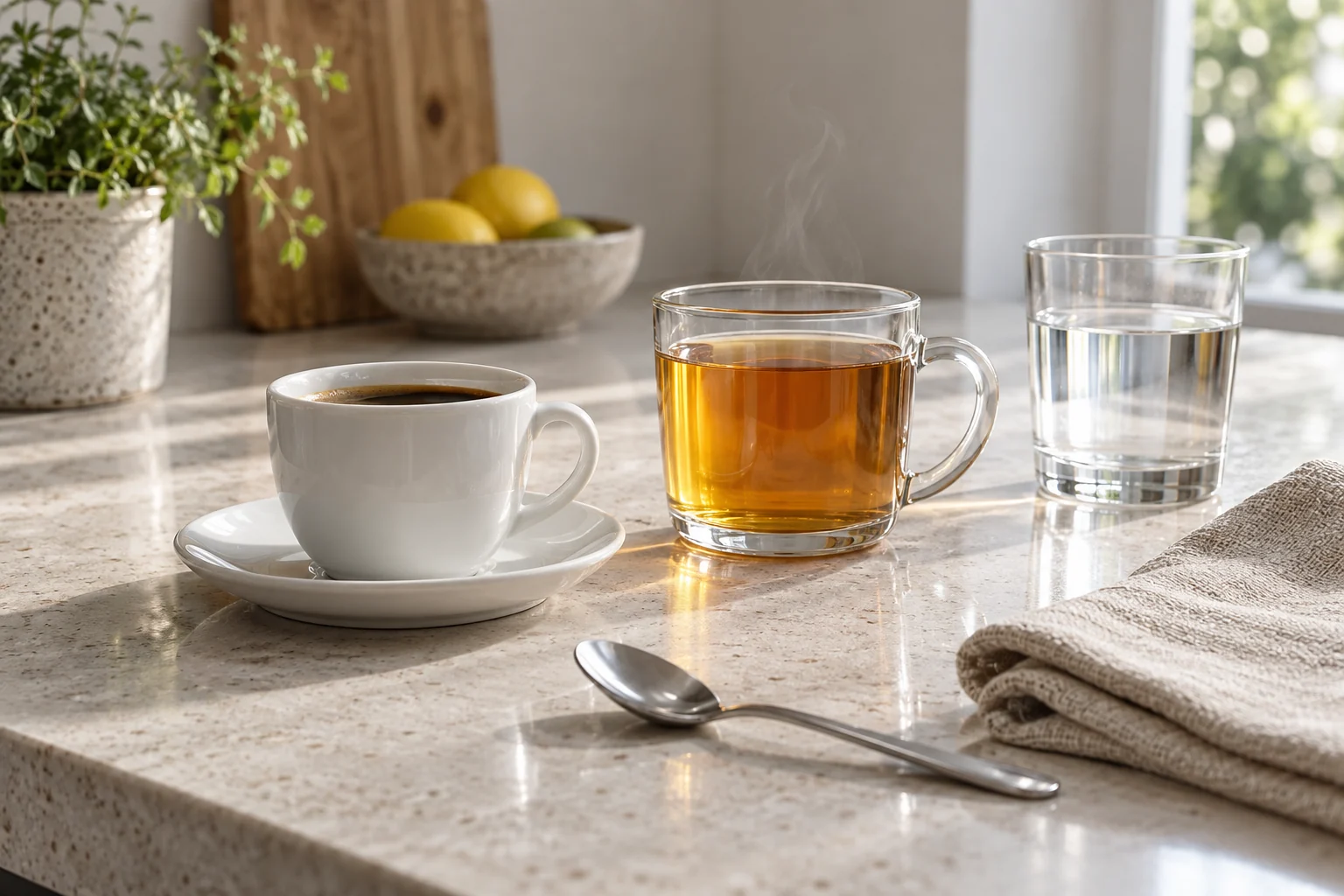 A small cup of coffee, a glass mug of herbal tea and water arranged on a light kitchen counter
