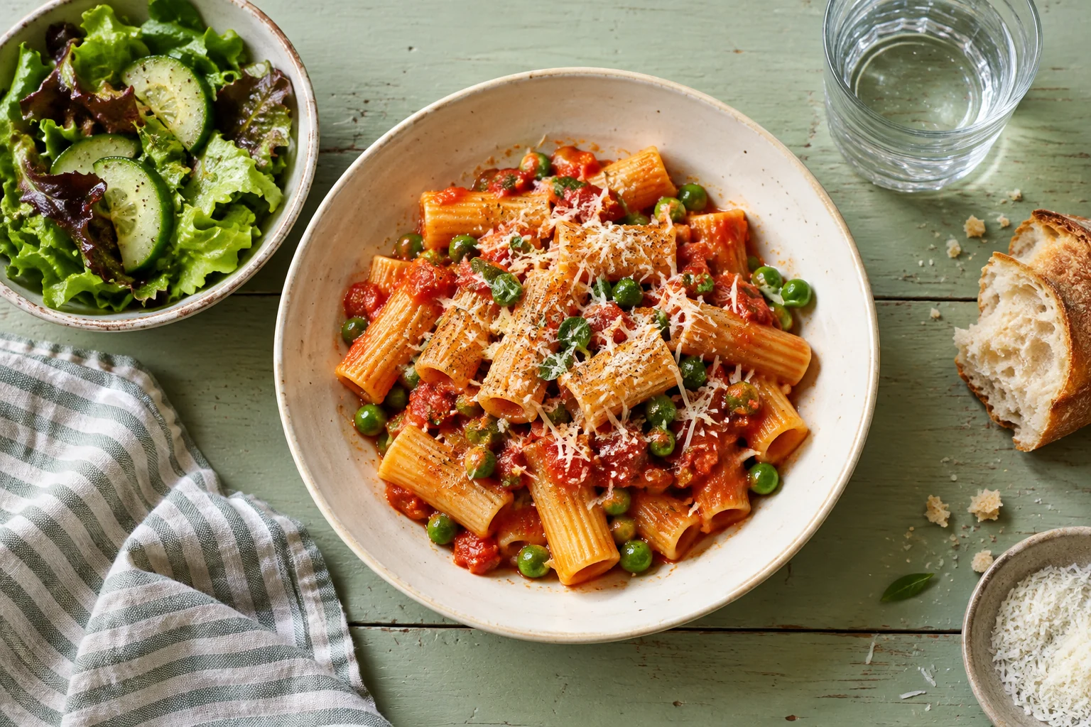 An everyday pasta meal with tomato sauce, peas and grated cheese beside a bowl of salad