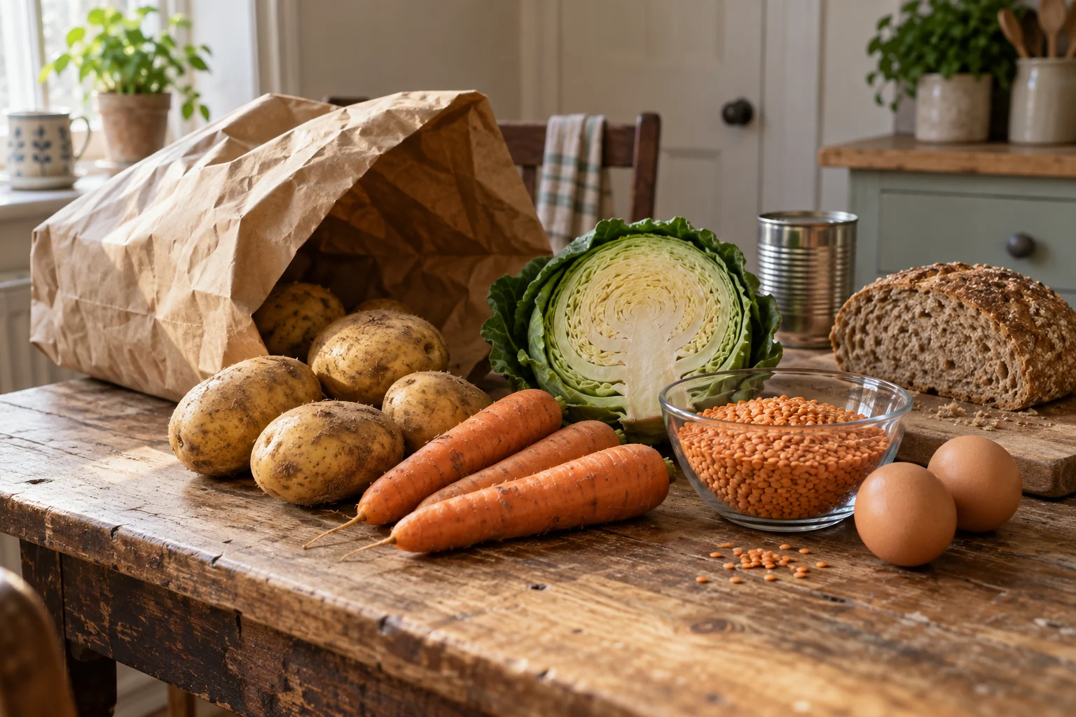 Affordable meal ingredients including potatoes, red lentils, carrots, cabbage and bread arranged beside a shopping bag