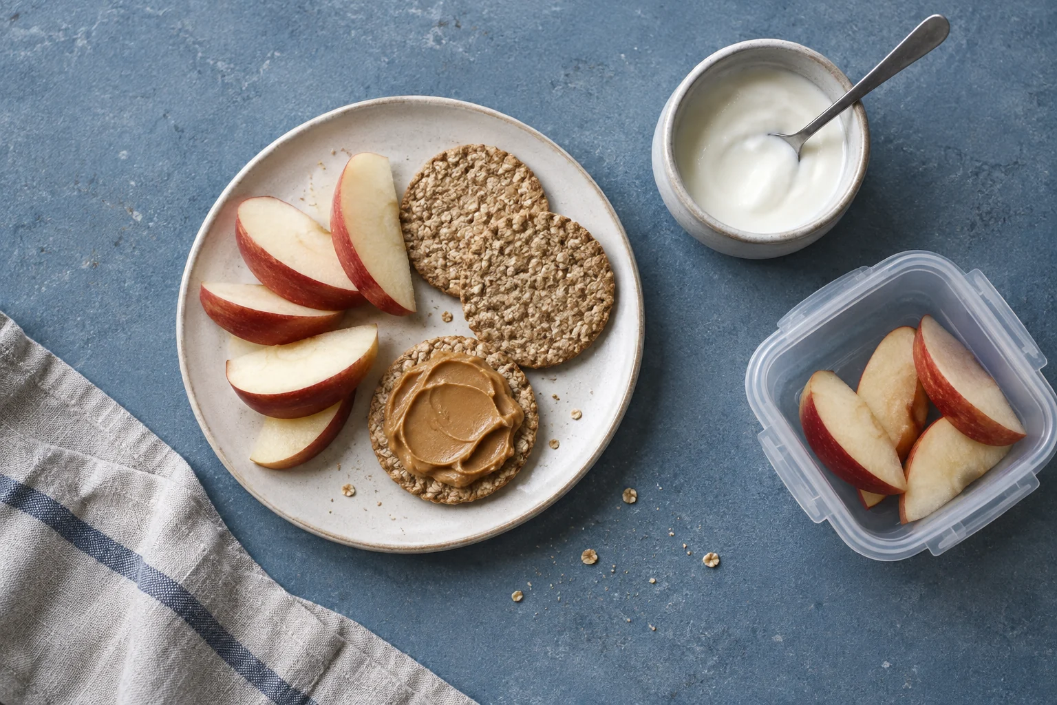 Apple slices, oatcakes with peanut butter and a small pot of yoghurt arranged for a workday snack