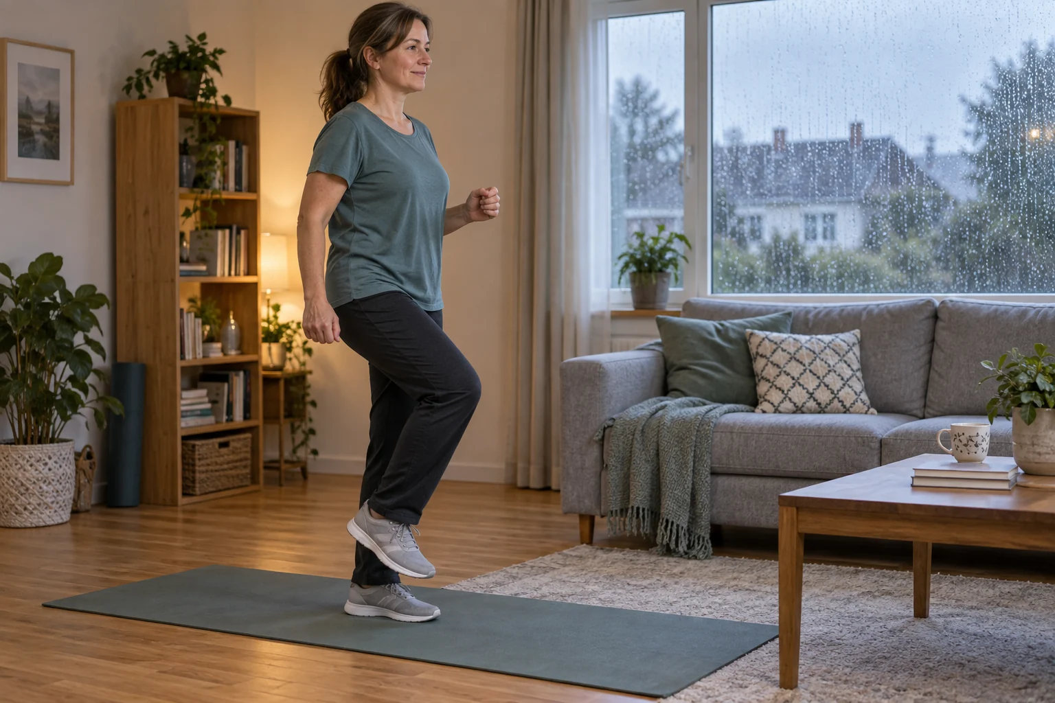 An adult taking gentle steps on an exercise mat in a living room beside a rain-covered window
