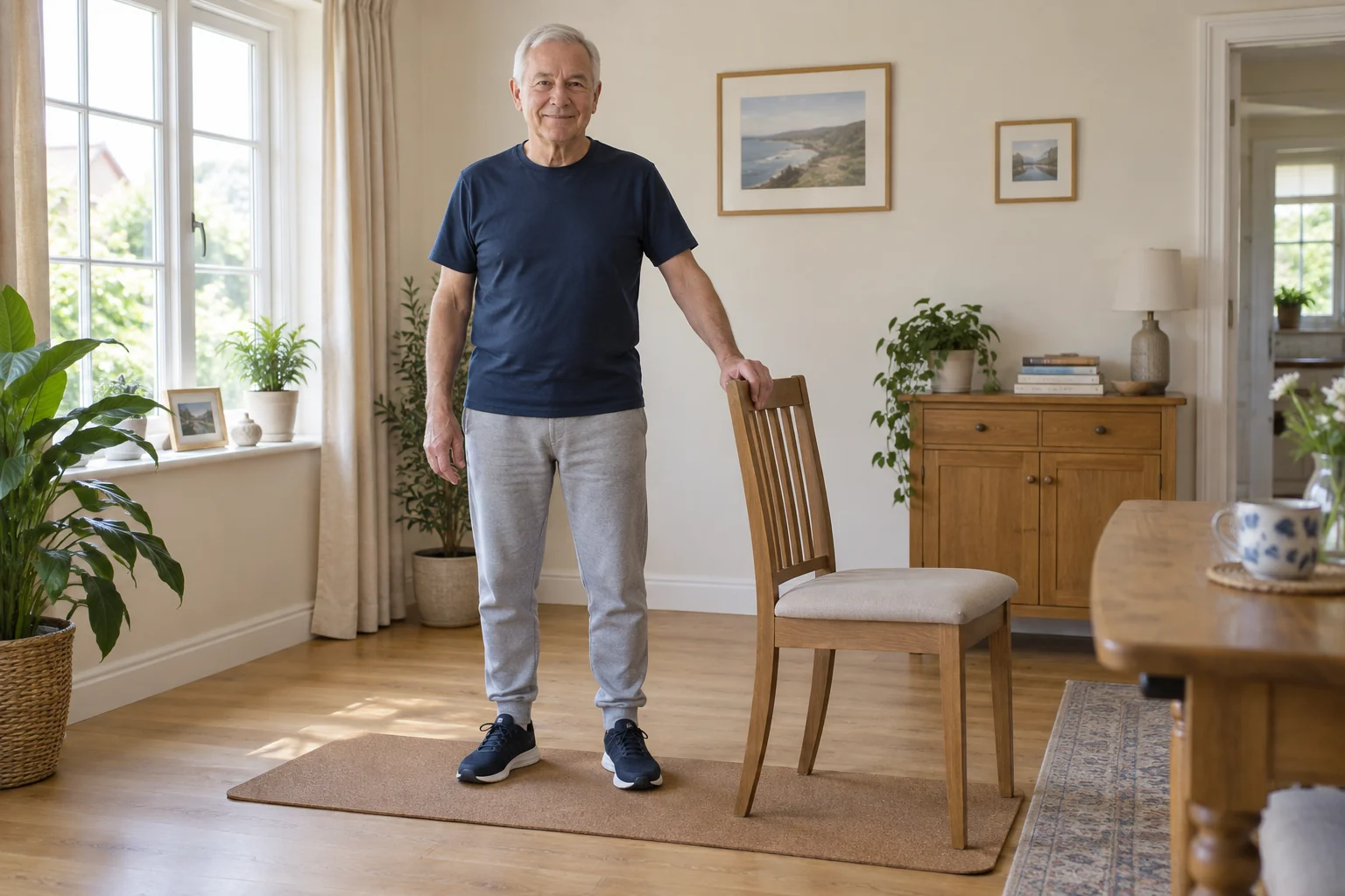 An older adult standing beside a sturdy chair in a calm room prepared for gentle home movement