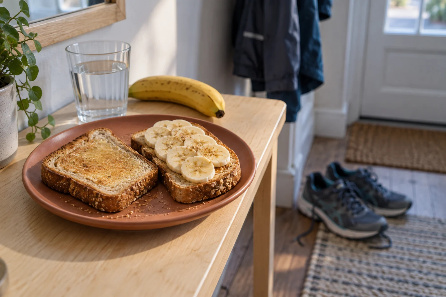Toast with banana slices and a glass of water on a breakfast table with running shoes in the background