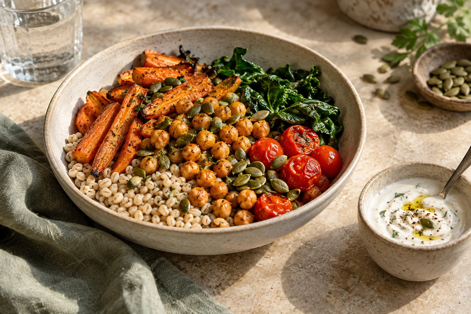 Bowl of barley, chickpeas, kale and carrots on an ivory table